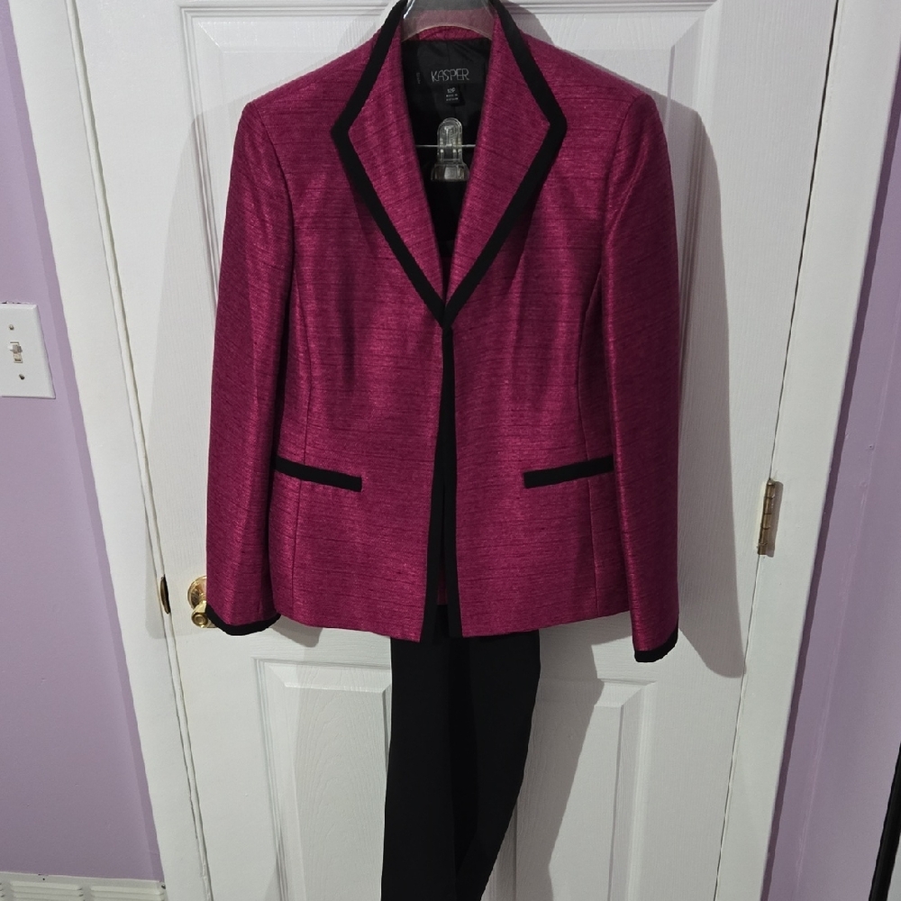 Kasper Magenta Blazer with Black Trim, Top And Pants. 3 Pieces